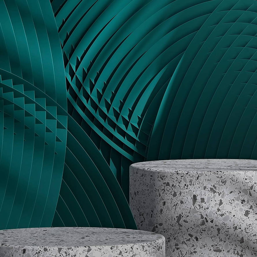 Teal Geometric 3D Architecture with Terrazzo Pedestals and Curved Ribbed Walls HD phone wallpaper