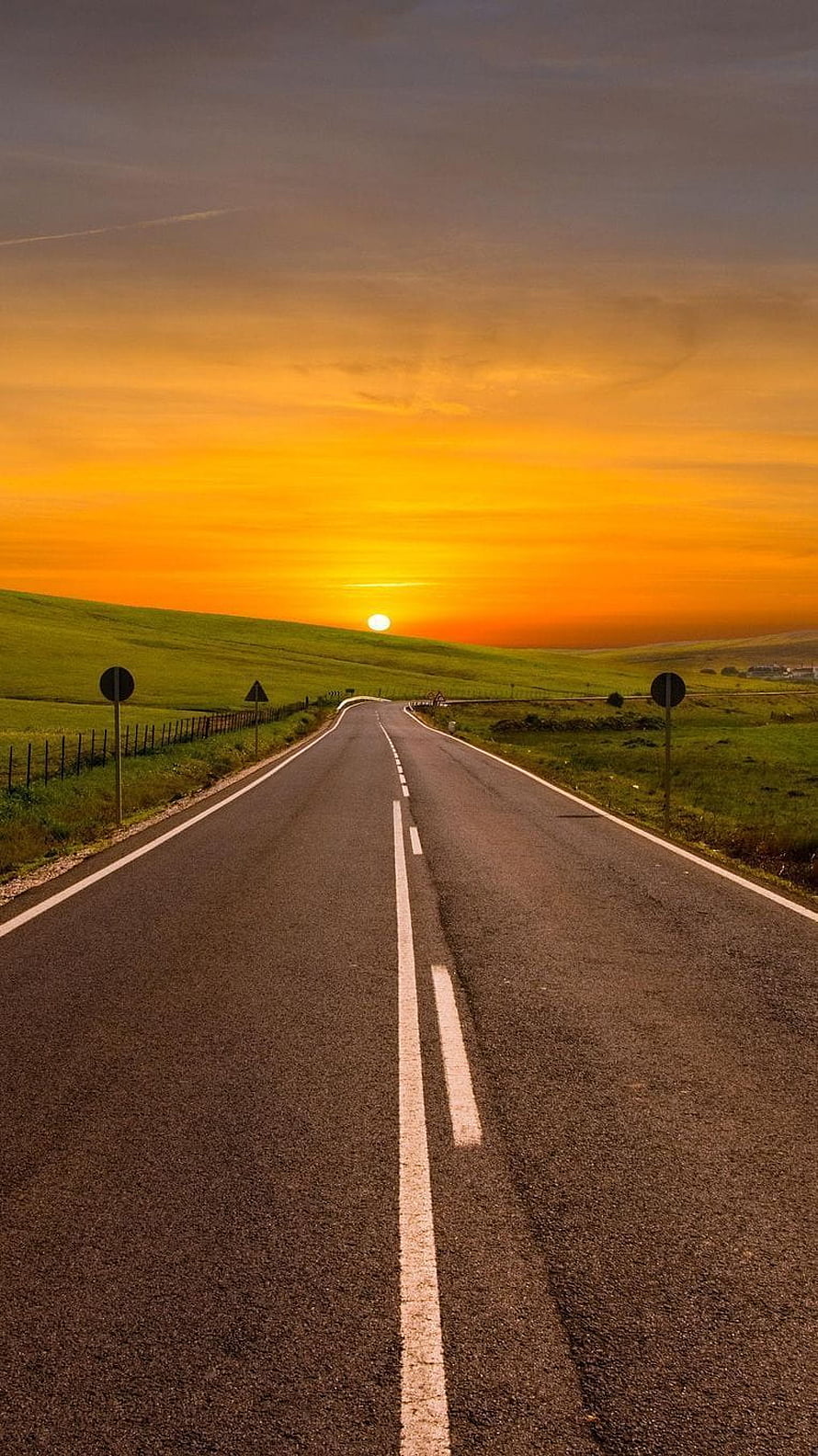 Empty Country Road Stretching Toward a Golden Sunset Over Rolling Green Hills HD phone wallpaper