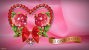 Romantic Red Rose Heart with Beaded Frame and Ribbon on Pink Background HD wallpaper