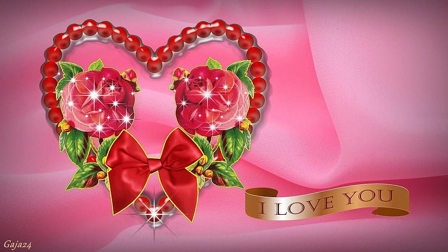 Romantic Red Rose Heart with Beaded Frame and Ribbon on Pink Background HD wallpaper