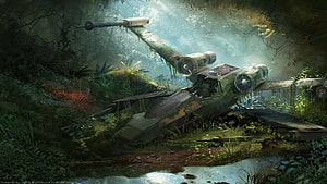 Star Wars Star Destroyer Wreckage Overgrown in Dense Jungle Ruins HD wallpaper
