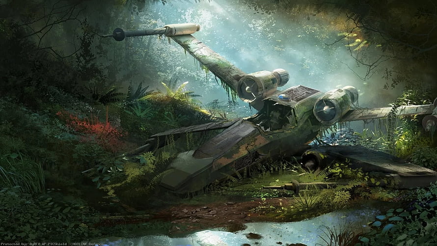 Star Wars Star Destroyer Wreckage Overgrown in Dense Jungle Ruins HD wallpaper