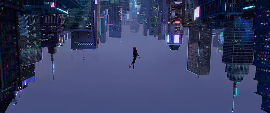 Miles Morales swinging through a neon-lit futuristic cityscape in Spider-Verse style HD wallpaper