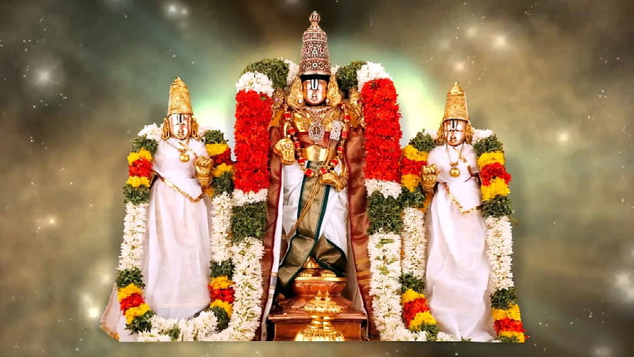 Tirumala Kalyana Venkateswara Swamy Temple Deity with Flower Garlands HD wallpaper