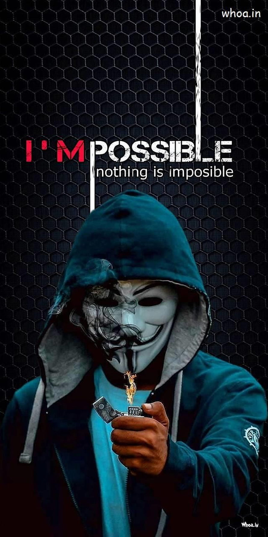 Anonymous Guy Fawkes Mask Hooded Figure Holding Lighter Against Dark Hexagonal Background HD phone wallpaper