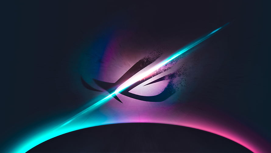 Asus ROG Eye Logo with Neon Cyan and Magenta Light Trails on Dark Background HD wallpaper