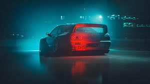 Nissan GTR Rear View in Neon-Lit Night Scene with Cyan and Red Lighting HD wallpaper