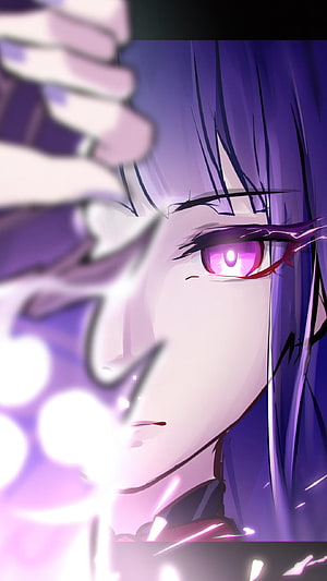 Raiden Shogun Genshin Impact Close-Up Portrait with Glowing Purple Eyes and Dark Hair HD phone wallpaper