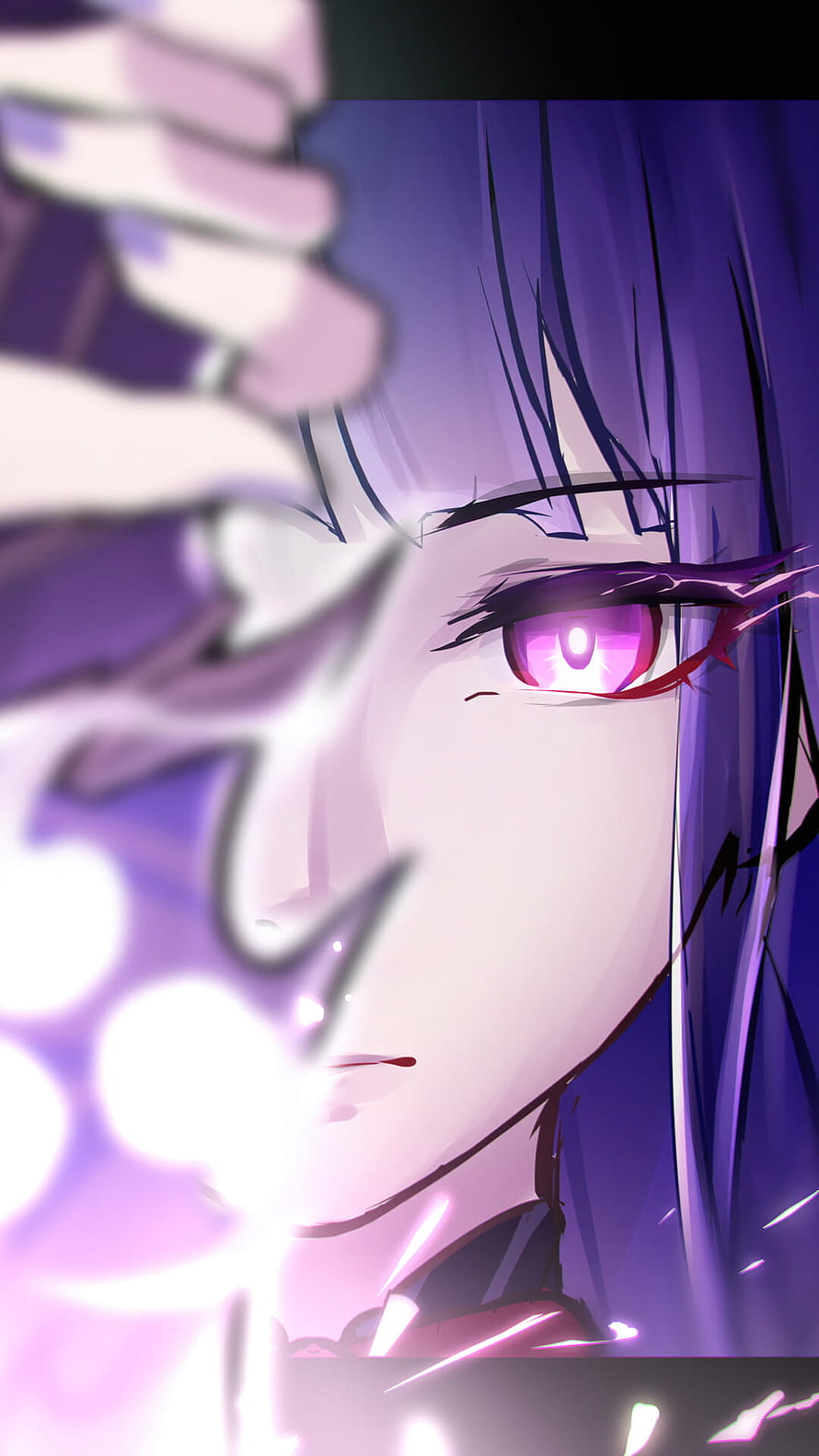 Raiden Shogun Genshin Impact Close-Up Portrait with Glowing Purple Eyes and Dark Hair HD phone wallpaper