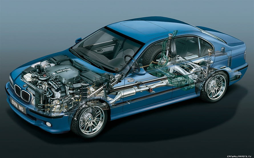 BMW M5 E39 Cutaway Illustration Revealing Engine, Suspension, and Drivetrain Components HD wallpaper
