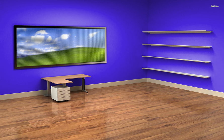 Modern office interior with vibrant blue walls, wooden flooring, and minimalist shelving HD wallpaper