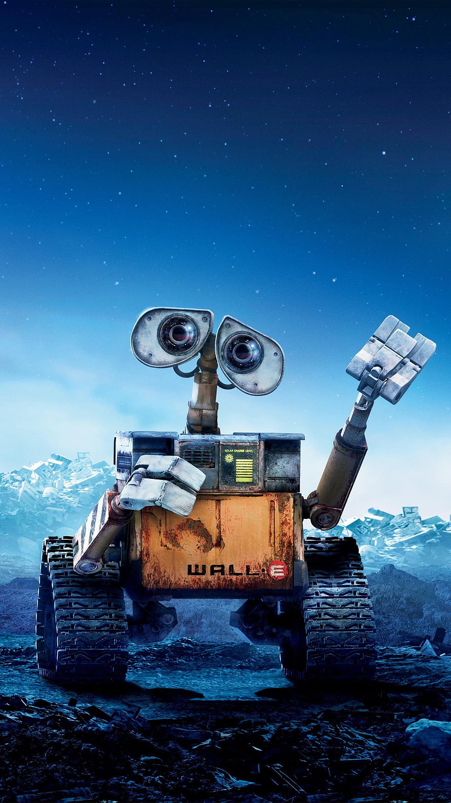 WALL-E Robot Standing on Wasteland with Starry Night Sky and Trash Mountains HD phone wallpaper