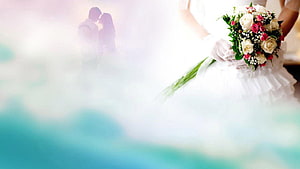 Romantic Wedding Bouquet with Soft Focus Couple Silhouette and Dreamy Pastel Background HD wallpaper