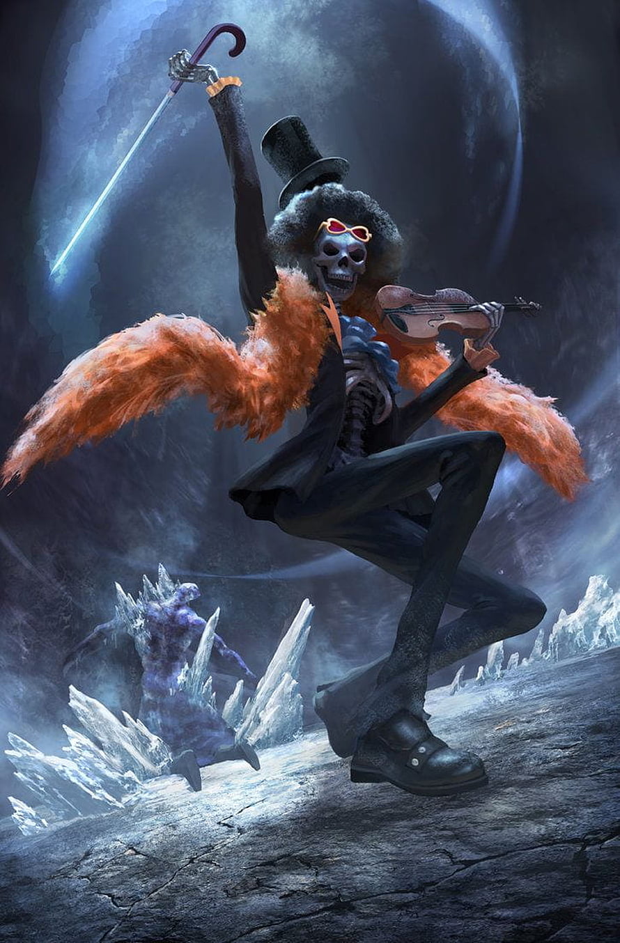 Brook from One Piece Playing Violin in a Dark Fantasy Landscape HD phone wallpaper
