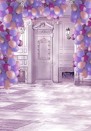Elegant Lavender Ballroom Interior With Purple Balloon Arch And Ornate Columns HD phone wallpaper