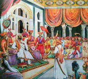Shivaji Maharaj Coronation Scene in Traditional Indian Miniature Painting Style HD wallpaper