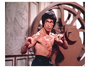 Bruce Lee in a Fierce Martial Arts Stance with Blood Stains on His Torso HD wallpaper