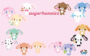 Sanrio Sugarbunnies Cute Pastel Rabbit Characters on Pink Polka Dot Background HD wallpaper
