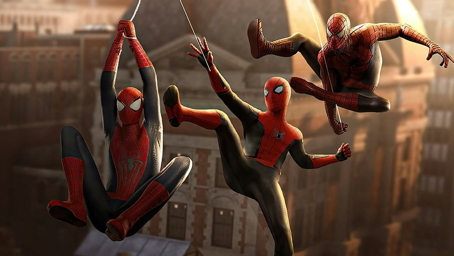 Three Spider-Man Suit Variants Swinging Through a City Skyline HD wallpaper