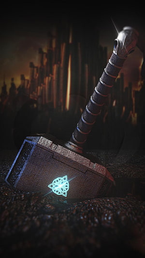 Thor's Mjolnir Hammer with Glowing Rune Symbol in Dark Fantasy Setting HD phone wallpaper