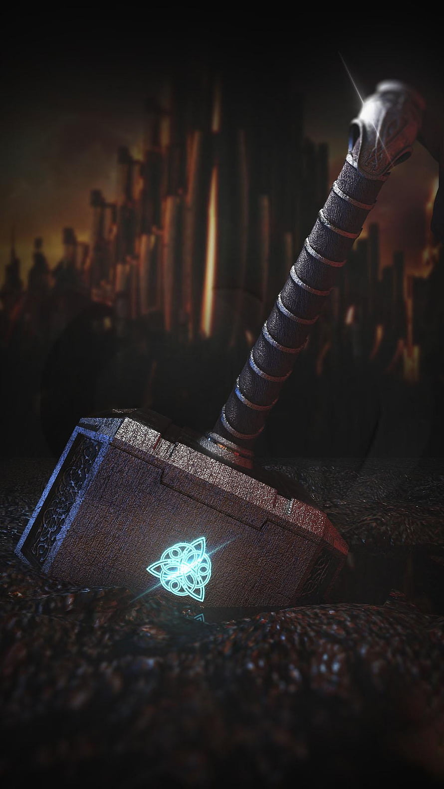 Thor's Mjolnir Hammer with Glowing Rune Symbol in Dark Fantasy Setting HD phone wallpaper