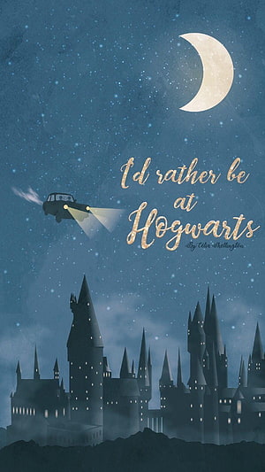 Hogwarts Castle at Night with Flying Car and Crescent Moon HD phone wallpaper