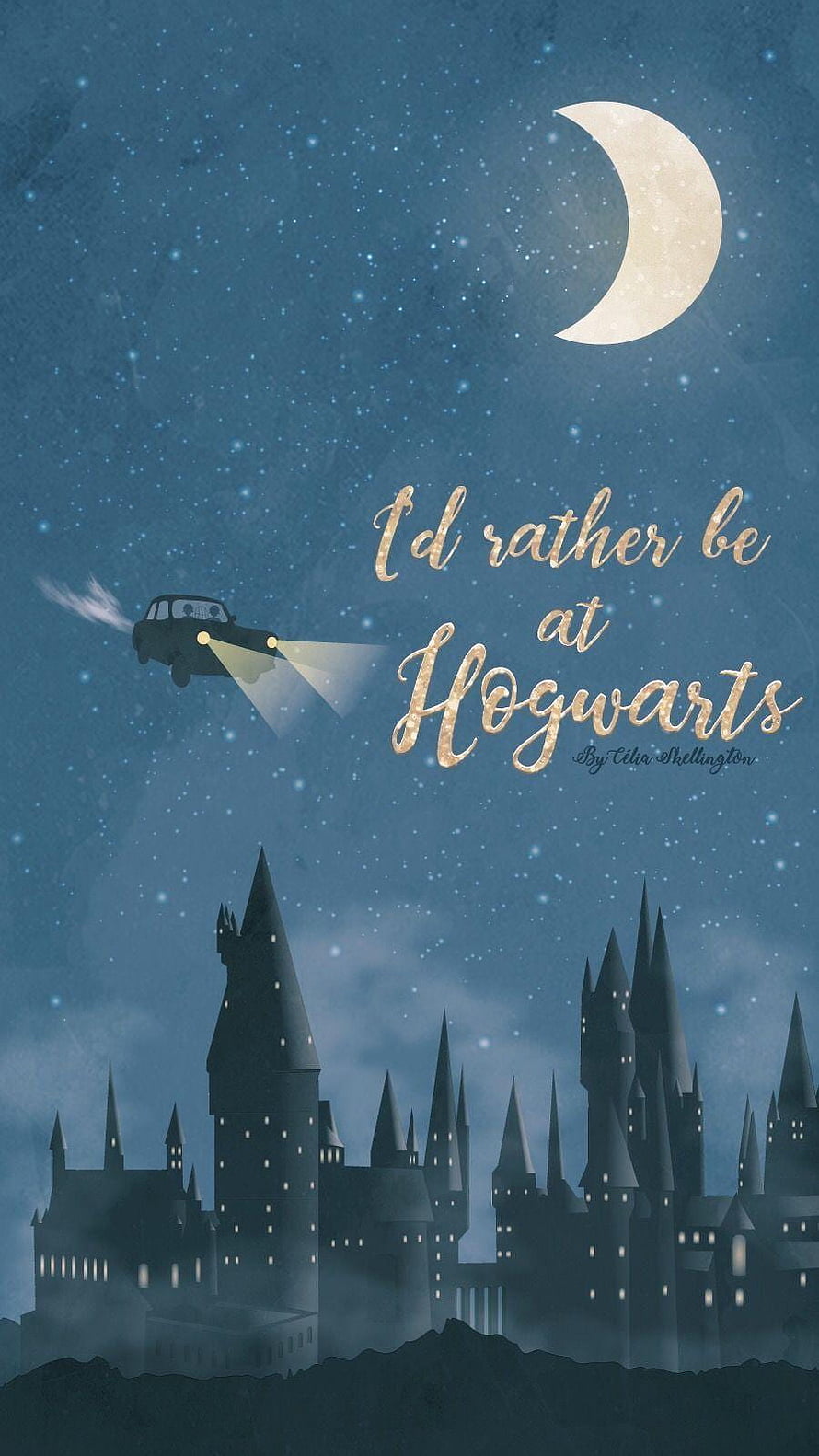 Hogwarts Castle at Night with Flying Car and Crescent Moon HD phone wallpaper