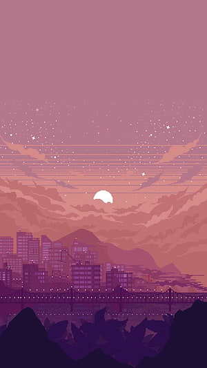 Retro Pixel Art Cityscape at Dusk with Bridge and Mountain Silhouette HD phone wallpaper