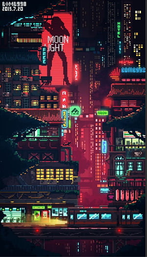 Cyberpunk Pixel Art Cityscape with Neon Moonlight Billboard and Retro Urban Night Scene HD phone wallpaper