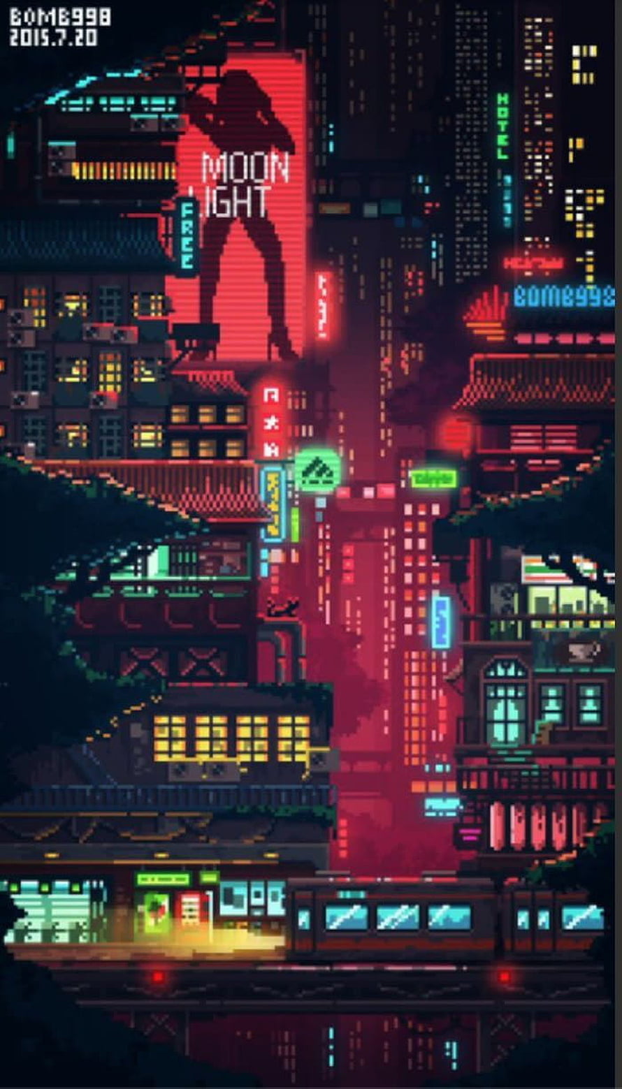 Cyberpunk Pixel Art Cityscape with Neon Moonlight Billboard and Retro Urban Night Scene HD phone wallpaper