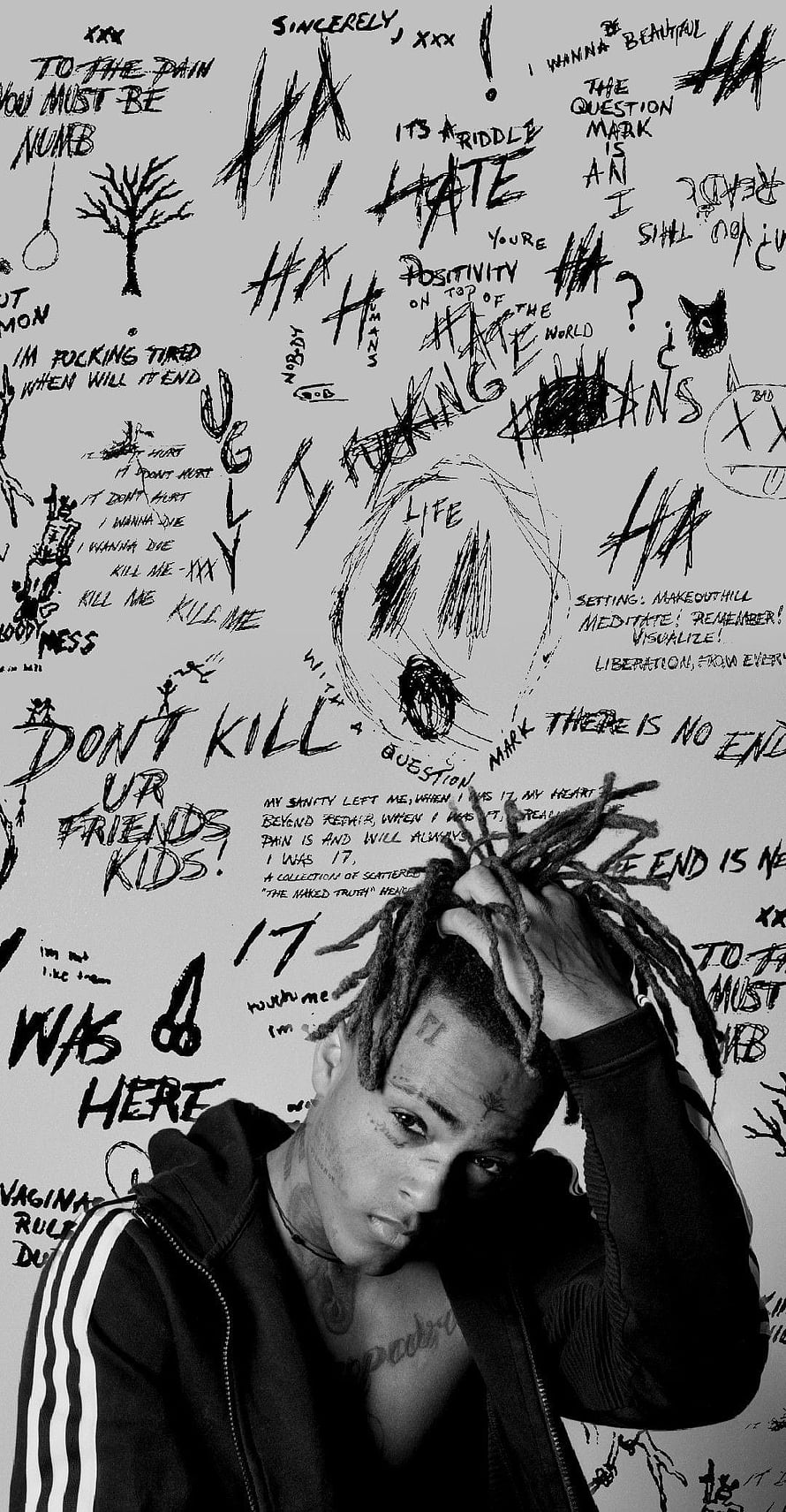 XXXTentacion Black and White Portrait with Graffiti Wall Background HD phone wallpaper