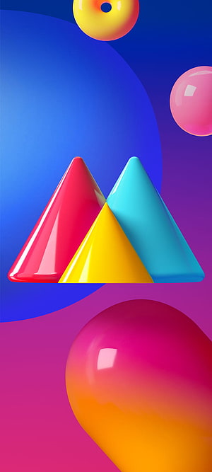 Vibrant 3D Geometric Shapes with Glossy Cones and Spheres on Gradient Background HD phone wallpaper