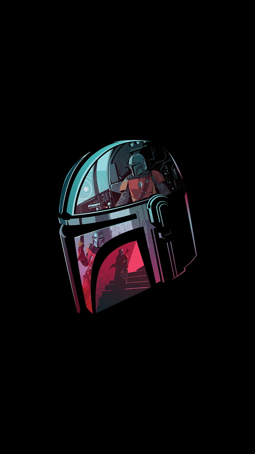 The Mandalorian Helmet Artwork with Pilot and Warrior Scenes on Black Background HD phone wallpaper