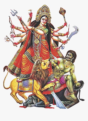 Maha Durga Riding Lion with Multiple Arms Holding Weapons and Demons HD phone wallpaper