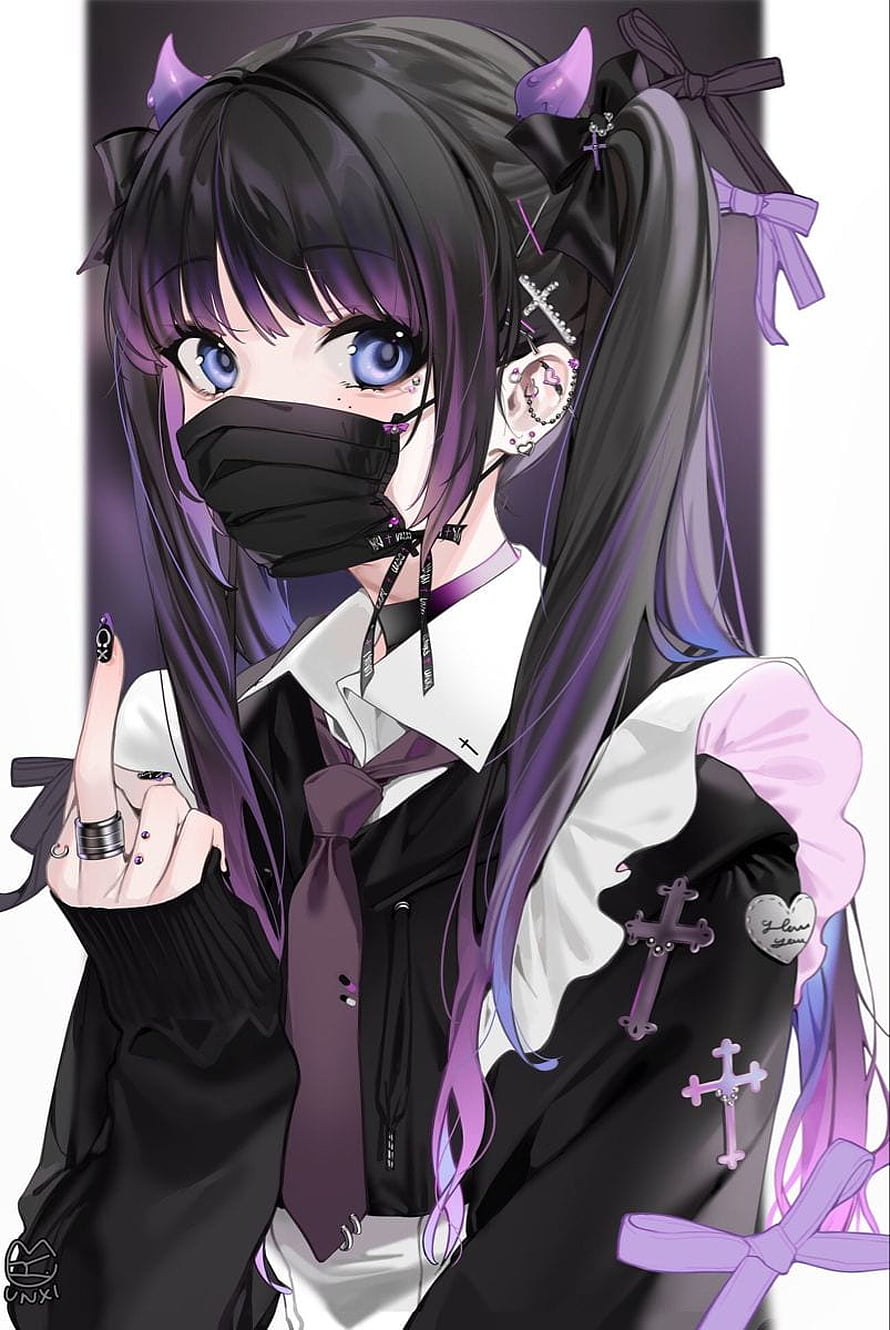 Gothic Anime Girl with Purple Hair, Face Mask, and Cross Accessories HD phone wallpaper