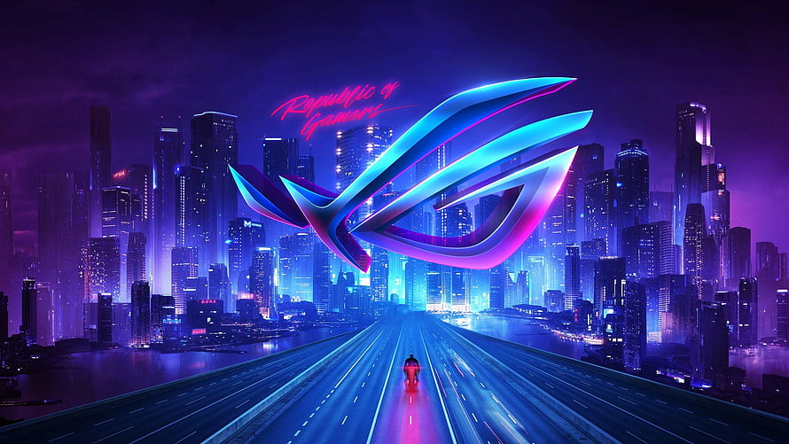 ASUS Republic of Gamers Neon Logo Over Futuristic Cyberpunk City Highway HD wallpaper