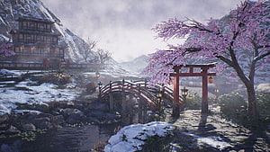 Snowy Japanese Village with Red Torii Gate, Arched Bridge, and Cherry Blossoms HD wallpaper