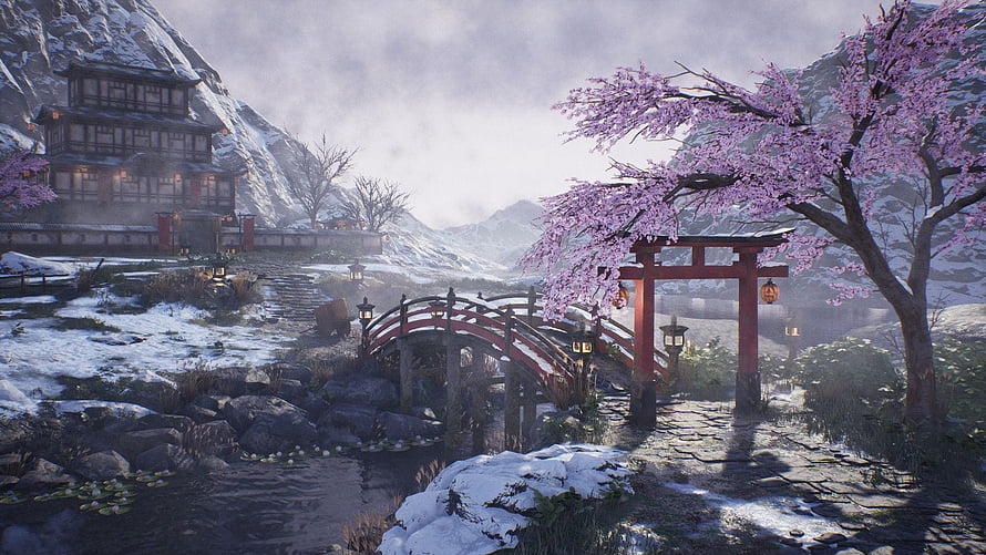 Snowy Japanese Village with Red Torii Gate, Arched Bridge, and Cherry Blossoms HD wallpaper