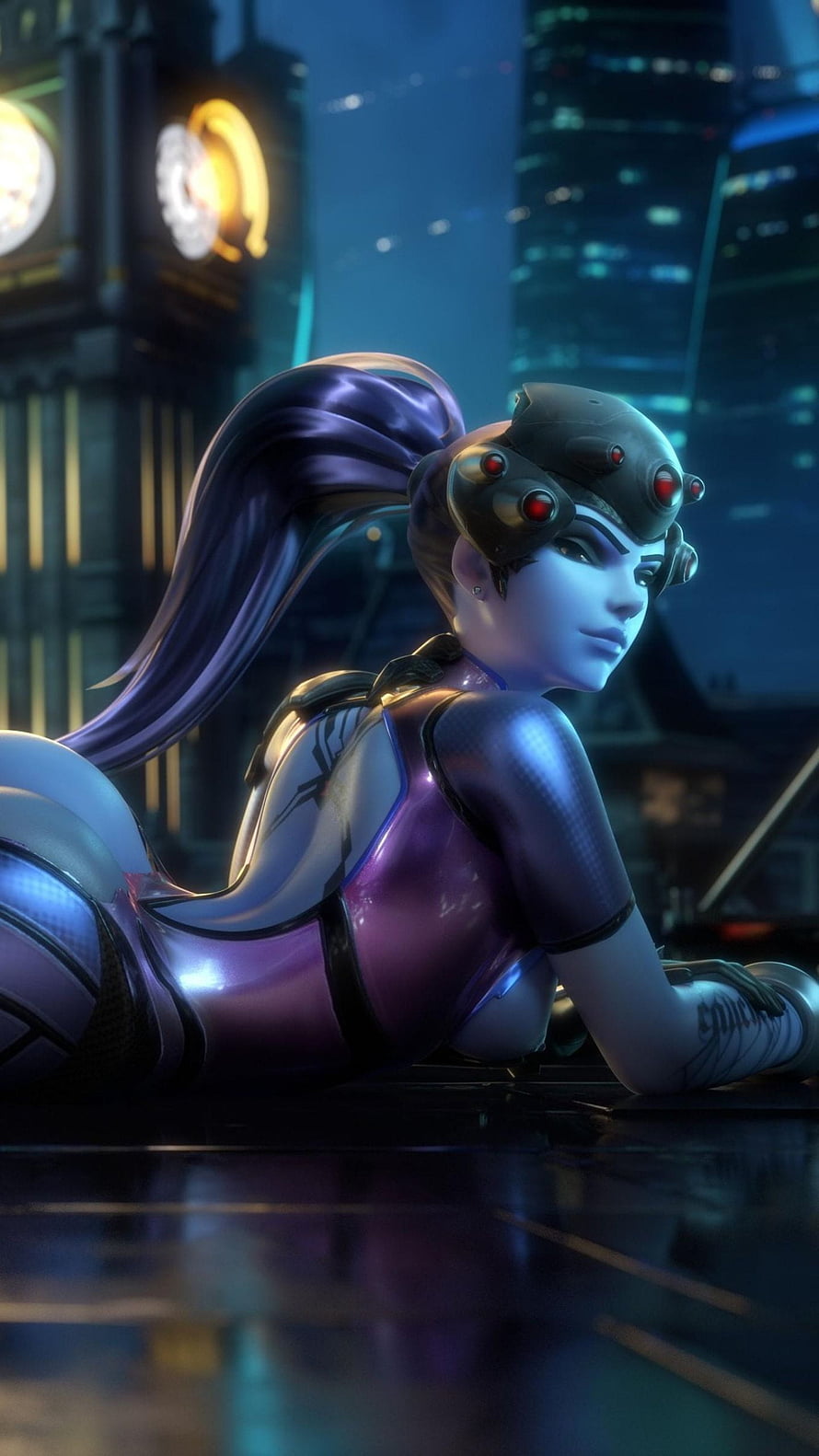 Widowmaker Overwatch 3D Render Lying on Rooftop at Night with Cyberpunk City Skyline HD phone wallpaper