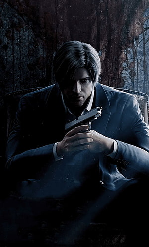 Leon S. Kennedy in a dark suit holding a pistol in a moody cinematic portrait HD phone wallpaper