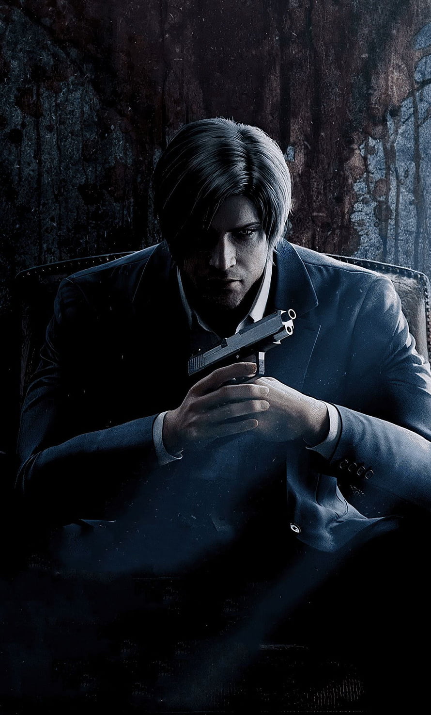 Leon S. Kennedy in a dark suit holding a pistol in a moody cinematic portrait HD phone wallpaper
