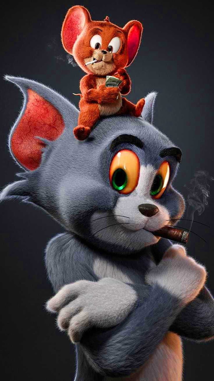 Tom and Jerry 3D Render: Cat and Mouse Duo Smoking Cigars with Dark Background HD phone wallpaper