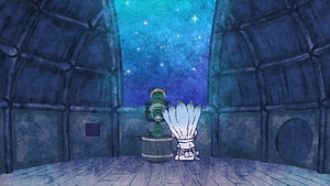 Dr. Stone Anime Scene: Character Observing Starry Night Sky Through Telescope in Stone Observatory HD wallpaper