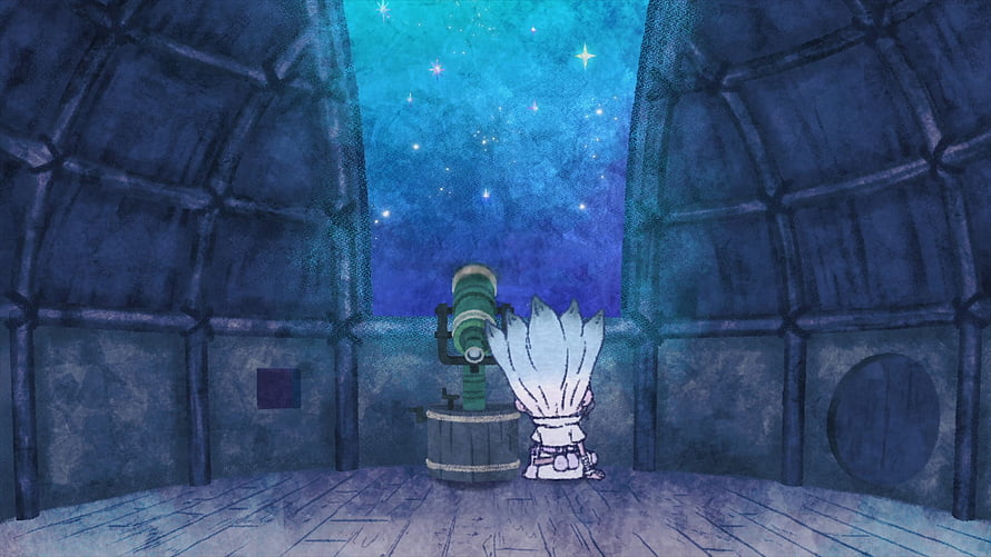 Dr. Stone Anime Scene: Character Observing Starry Night Sky Through Telescope in Stone Observatory HD wallpaper