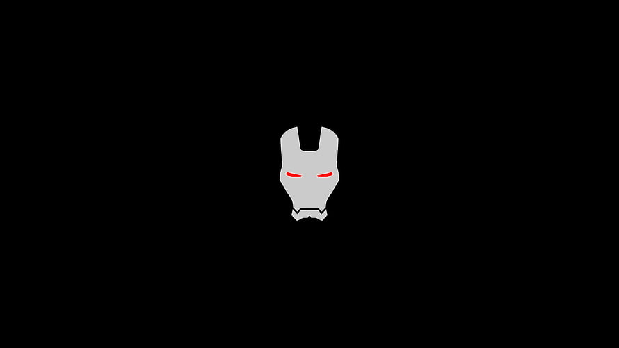 Minimalist Iron Man Mask Icon with Red Eyes on Black Background HD wallpaper
