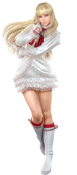 Lili Rochefort from Tekken in a white ruffled dress with red accents and knee-high boots HD phone wallpaper