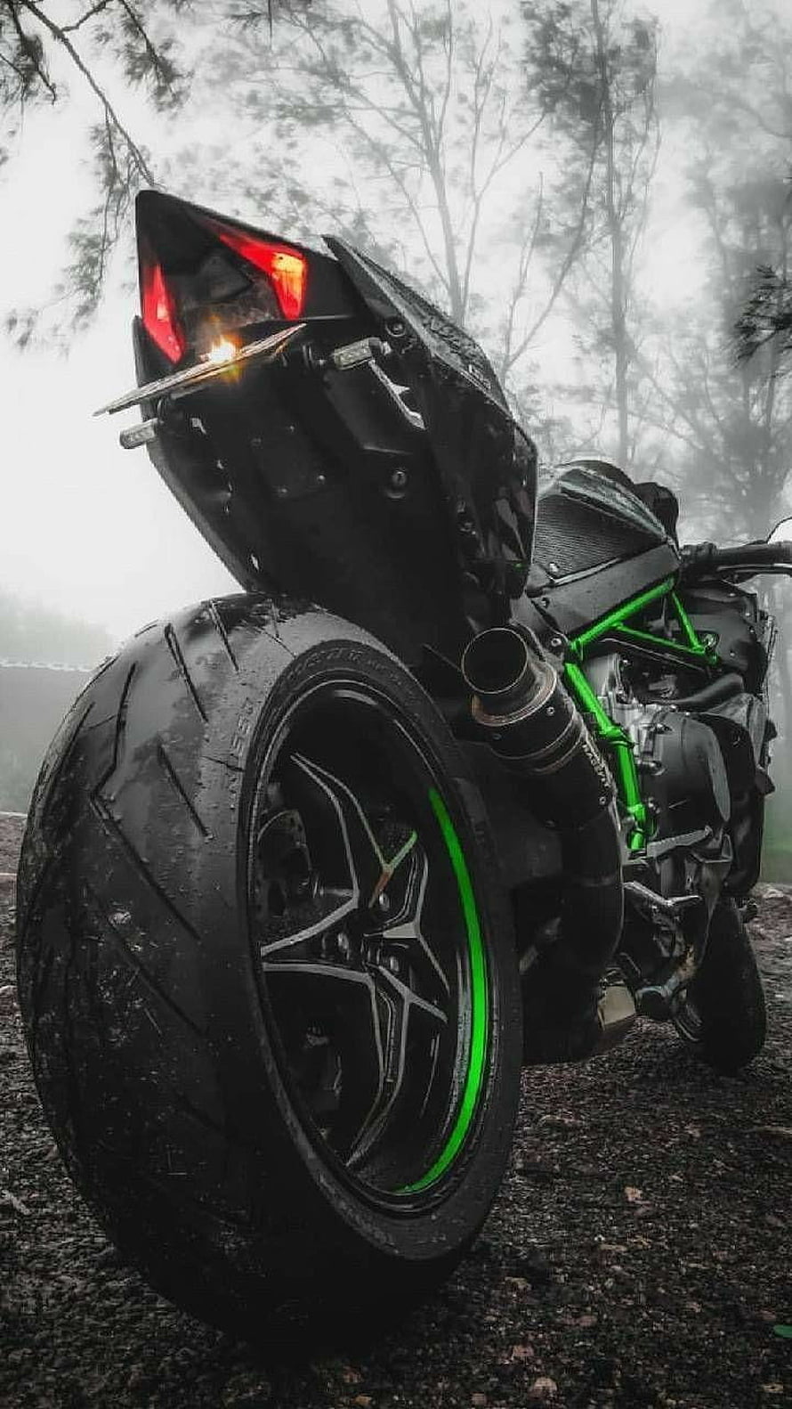 Kawasaki Ninja H2R Superbike Rear View in Foggy Forest Setting HD phone wallpaper