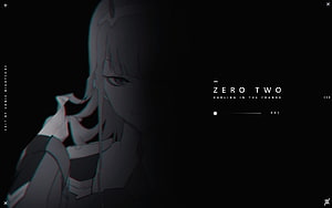 Zero Two from Darling in the Franxx in a dark minimalist anime portrait with subtle chromatic aberration HD wallpaper