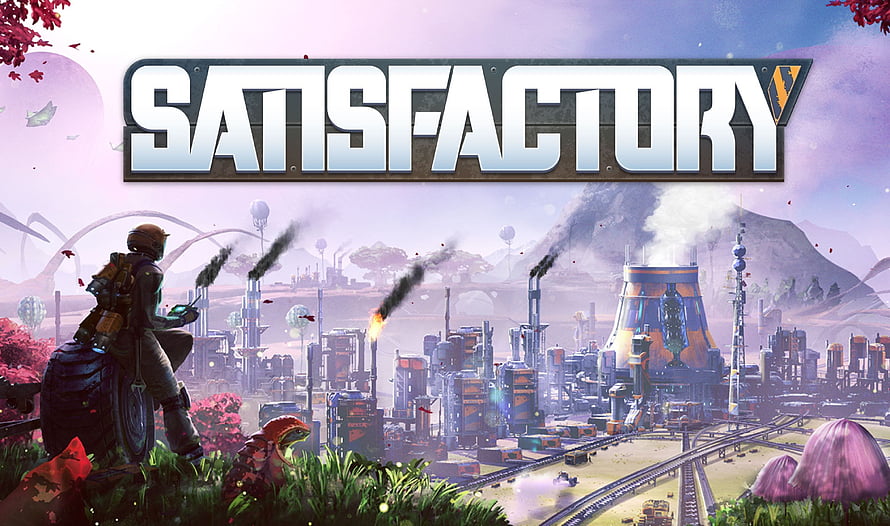 Satisfactory Factory City Key Art With Astronaut Overlooking Industrial Complex HD wallpaper