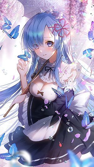 Rem from Re:Zero in Elegant Maid Outfit Surrounded by Blue Butterflies and Wisteria HD phone wallpaper
